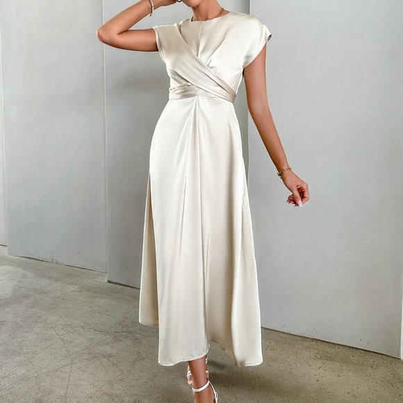 Apricot Casual Womens Solid Criss Cross Front Satin A-line Dress - Picture 3 of 5